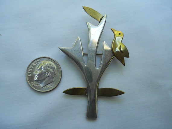 Mexican Taxco Sterling Bird In Tree Brooch - image 3