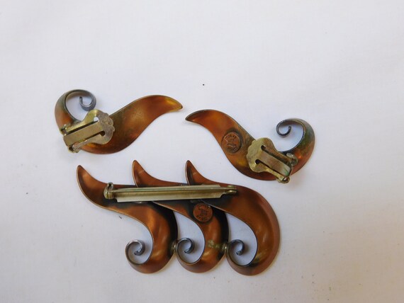 Mid Century Modern Copper Signed Bell Pin and Ear… - image 3