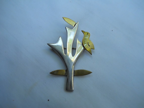 Mexican Taxco Sterling Bird In Tree Brooch - image 2