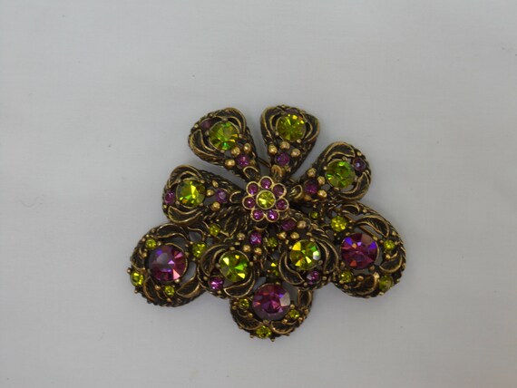 And Aqua Rhinestone Floral Brooch Green Vintage Selini Pink