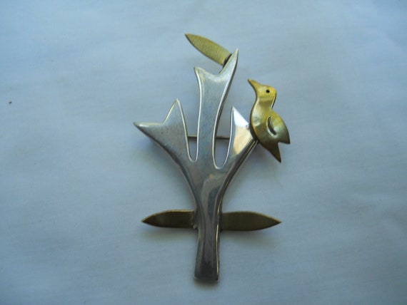 Mexican Taxco Sterling Bird In Tree Brooch - image 1