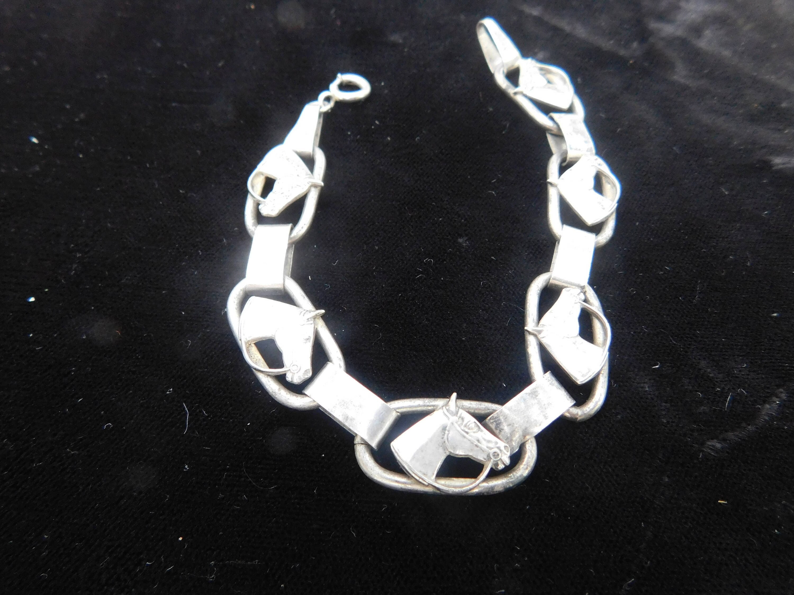 Sterling Equestrian Bracelet/ Vintage Silver Link Bracelet/ Mid