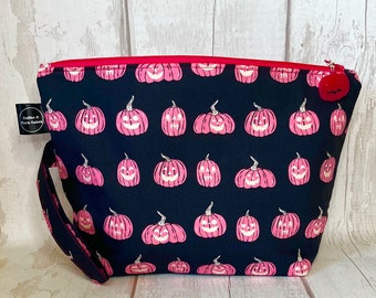 Halloween Pink Pumpkins Fabric Zipped Wedge Project Bag Large Size Knitting Crochet Craft