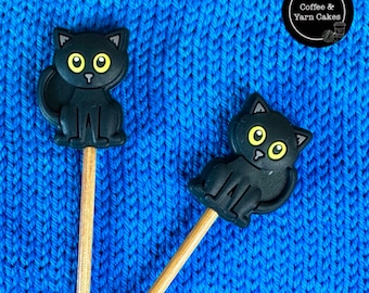 Black Cat Kitty Stitch Stoppers Knitting Needle Point Protectors 1 Pair