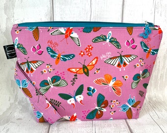 Beautiful Butterflies Fabric Zipped Wedge Project Bag - Large Size - Knitting Crochet Crafts