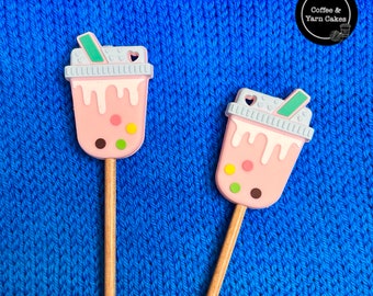 Pink Boba Bubble Tea Stitch Stoppers Knitting Needle Point Protectors 1 Pair