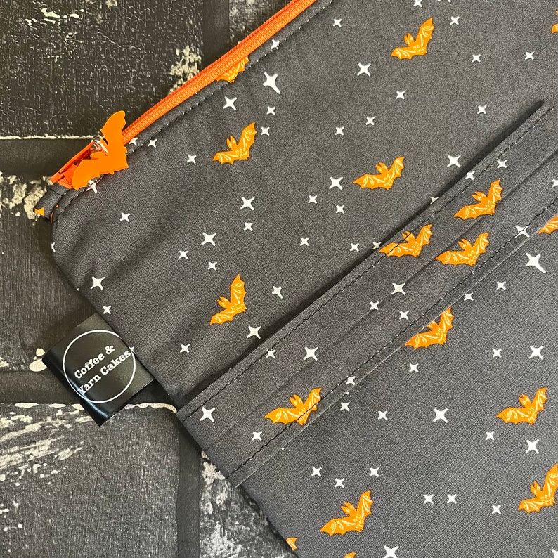Winging It Midnight Orange Bats Halloween Spooky Zipped Project Bag Large Size Knitting Crochet Crafts image 3