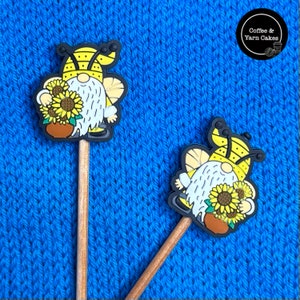 Bee Gnomes Sunflower Stitch Stoppers Knitting Needle Point Protectors 1 Pair image 1