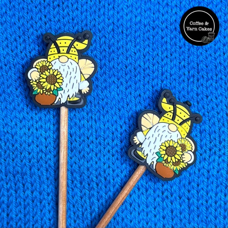 Bee Gnomes Sunflower Stitch Stoppers Knitting Needle Point Protectors 1 Pair image 1