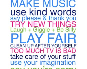 Puede incluir: Un póster colorido con una lista de reglas para la sala de juegos. Las reglas están escritas en una fuente divertida e incluyen frases como "Jugar limpio", "Usar palabras amables" y "Divertirse y compartir".