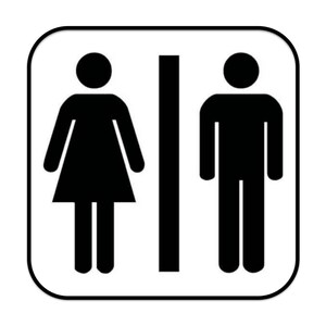 May include: Black and white restroom sign with a stick figure of a person wearing a skirt on the left and a stick figure of a person wearing pants on the right.