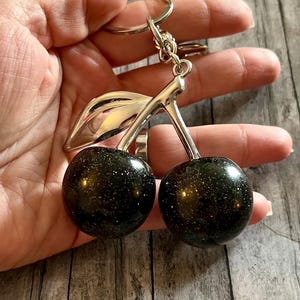 Black Cherry keychain, fruit key charms, cherry purse charm, fun keychains, gifts, sparkle cherry keychain, bag charms