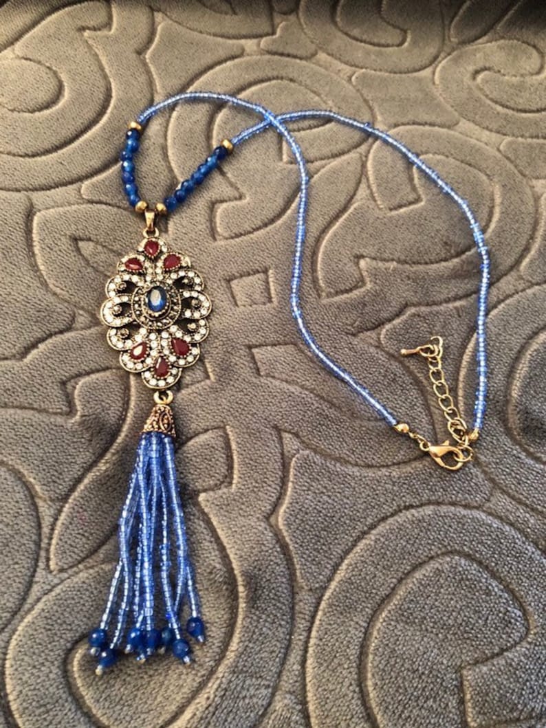 gifts for her Bohemian tassel necklace gold tone multi gem crystal necklace Long blue beaded necklace with a tassel