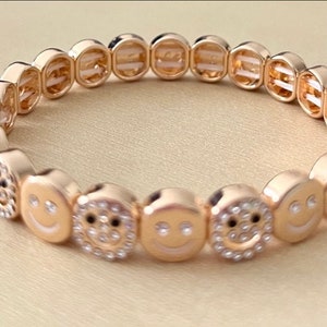 Beaded bracelet, silver charm bracelet, fun happy bracelet, fun jewelry, good luck, women's bracelets multi gold face