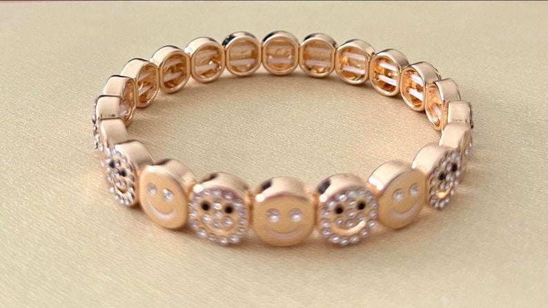 Beaded bracelet, silver charm bracelet, fun happy bracelet, fun jewelry, good luck, women's bracelets multi gold face