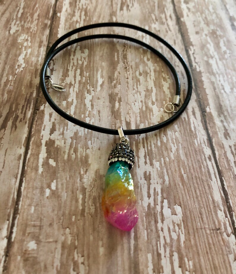 Crystal Pav\u00e9 titanium necklace gifts for her fashion jewelry iridescent titanium quartz necklace