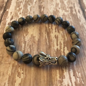 Dragon beaded bracelet, silver metal dragon, Picture Jasper beaded bracelet, unisex bracelet, gifts, men's bracelet