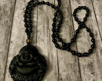 Matte Black Buddha Beaded Necklace – Lucky Charm Jewelry