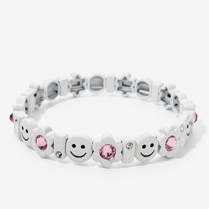 Beaded bracelet, silver charm bracelet, fun happy bracelet, fun jewelry, good luck, women's bracelets white and pink