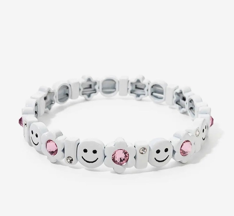 Beaded bracelet, silver charm bracelet, fun happy bracelet, fun jewelry, good luck, women's bracelets white and pink