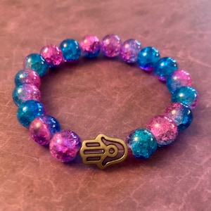 Hamsa hand bracelet, pewter metal Hamsa with blue and pink crackled glass beads, Evil eye bracelet, gifts for her