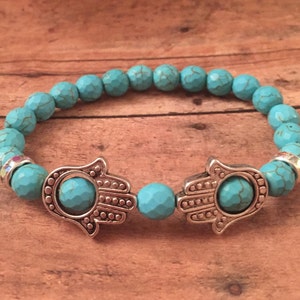 Hamsa hand bracelet with faux faceted turquoise howlite and AB crystal roundelles, beaded bracelet, Hamsa bracelets, gifts for her