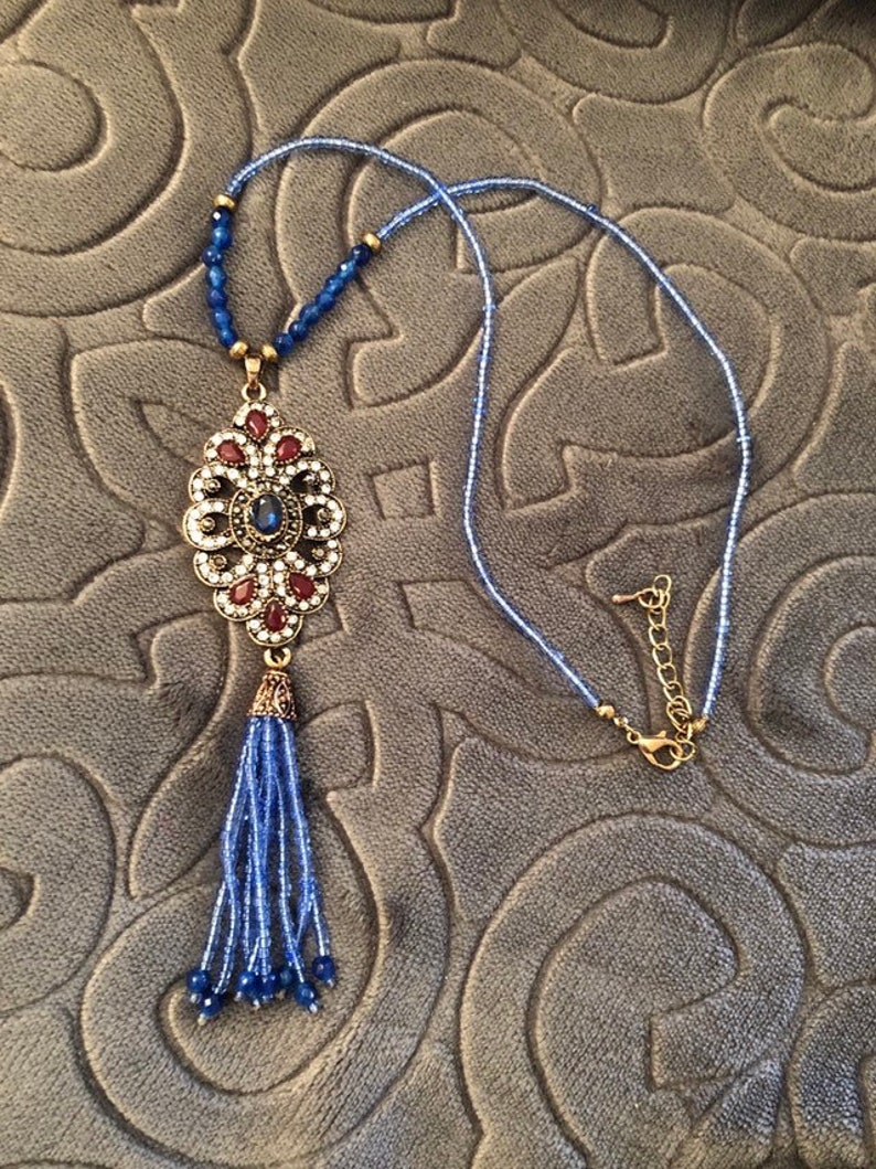 gifts for her Bohemian tassel necklace gold tone multi gem crystal necklace Long blue beaded necklace with a tassel