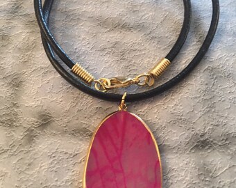 Pink Agate Necklace: Gold-Lined Stone, Black Leather Cord