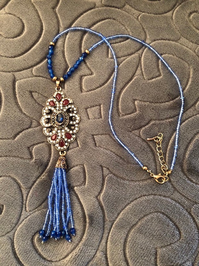 gifts for her Bohemian tassel necklace gold tone multi gem crystal necklace Long blue beaded necklace with a tassel