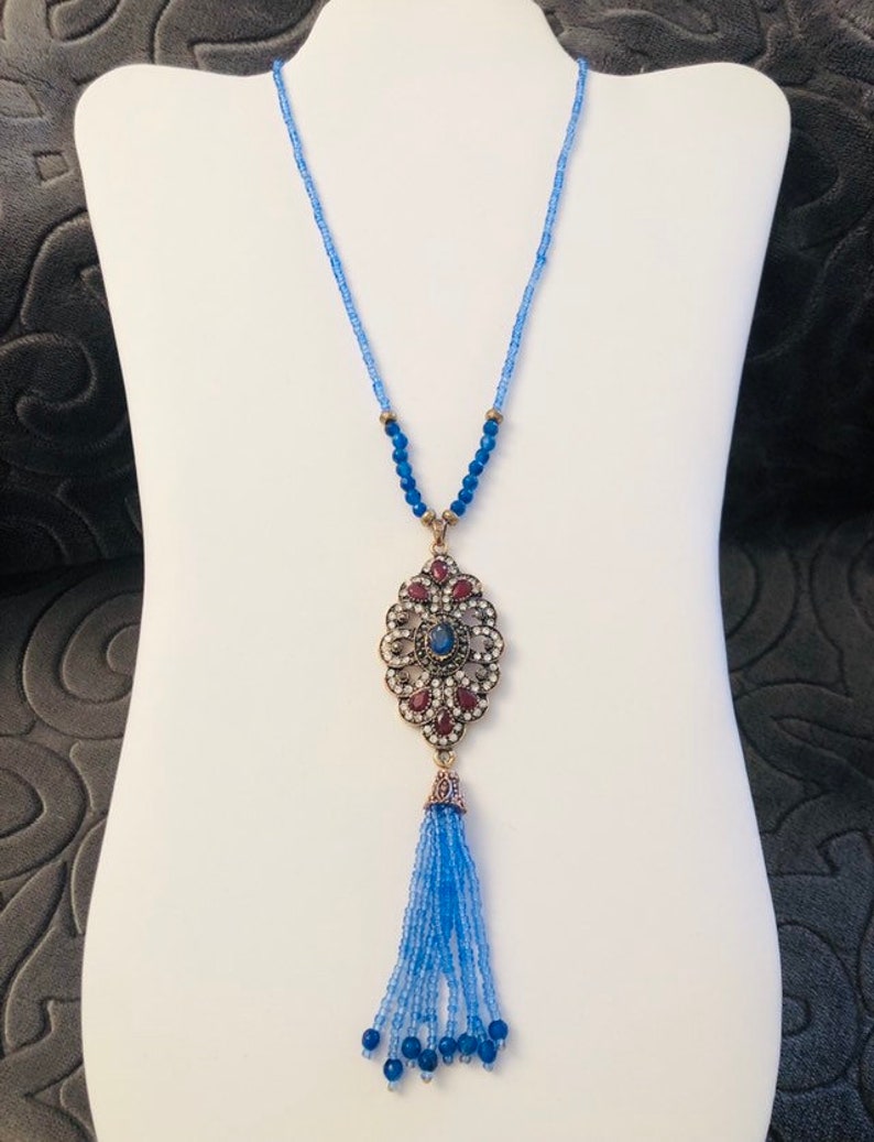 gifts for her Bohemian tassel necklace gold tone multi gem crystal necklace Long blue beaded necklace with a tassel