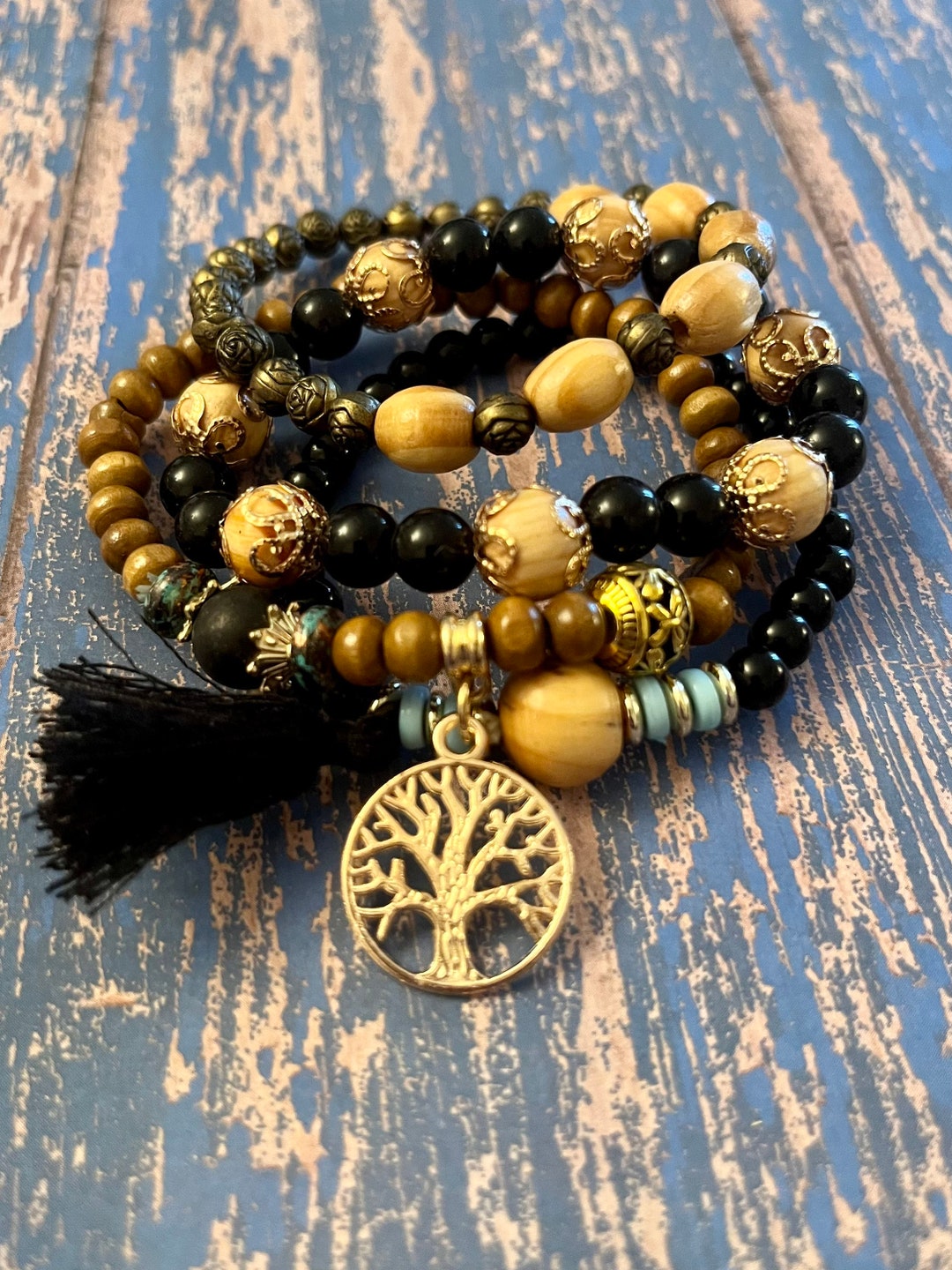 Tree of Life Charm Bracelet: Black Wood Beads, Spiritual Relic - Etsy