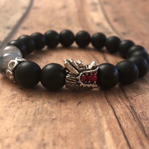 Dragon bracelet, silver metal dragon, matte onyx beaded bracelet, unisex bracelet, gifts, dragon, serpent jewelry