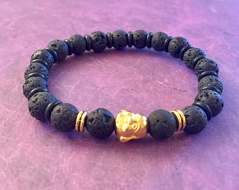 Buddha lava stone beaded  bracelet, lucky Buddha, spiritual jewelry, wealth, gifts, men's bracelets, gold Buddha