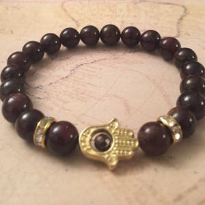Hamsa beaded bracelet, dark red garnet stones, Hamsa, gifts for her, spirirual, good luck jewelry