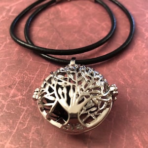 Tree of Life Diffuser Necklace: Silver Filigree, Black Leather Cord