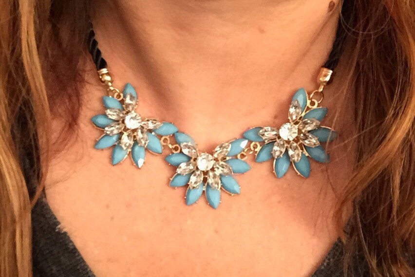 Floral Statement Necklace: Blue Rhinestone Flower Pendant, Silky Cord