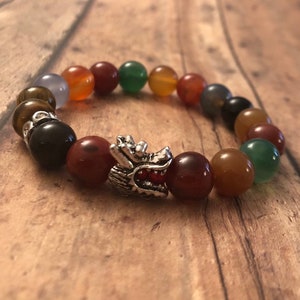Dragon bracelet, silver metal dragon, multi color agate stone beaded bracelet, unisex bracelet, gifts, dragon, serpent jewelry