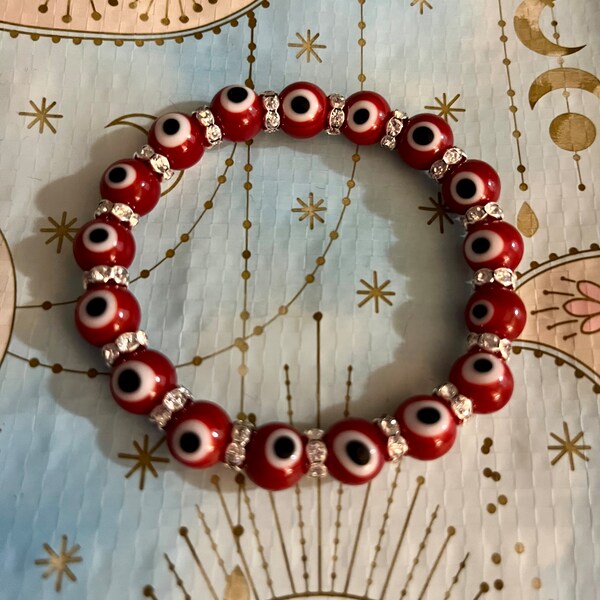 Evil eye bracelet, red evil eye, crystal rondells, lucky evil eye bracelets, stack bracelets