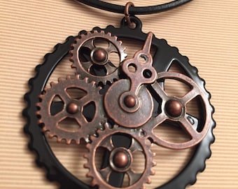 Steampunk Gear necklace, leather cord, gears, steampunk charms, gear necklace, unisex jewelry, gifts