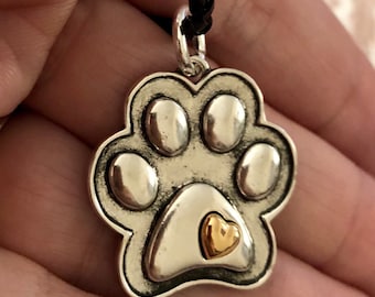 Double Sided Paw Print Charm Necklace: Braided Cord, Gold Heart