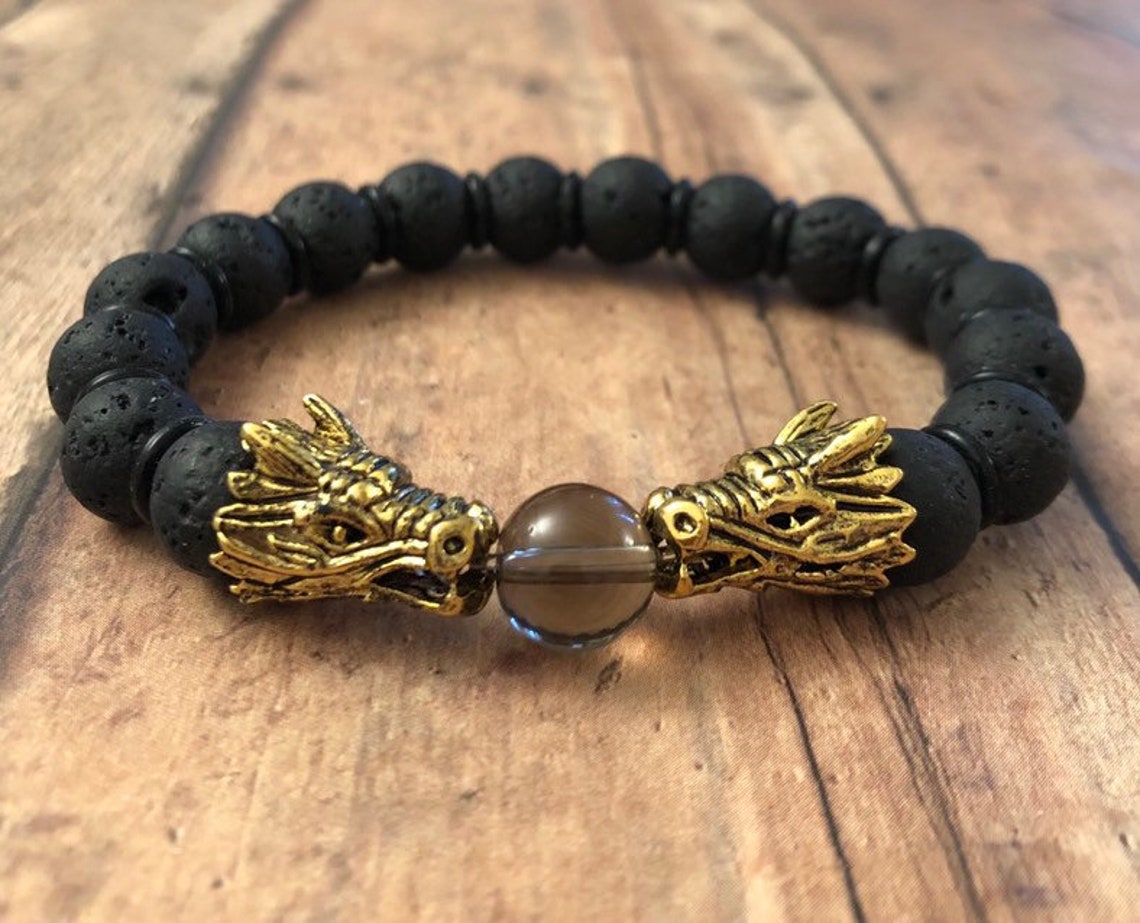 Dragon bracelet gold metal double dragon lava stone and Etsy