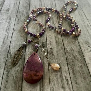 Agate necklace, purple color necklace, Agate stone beaded necklace, long necklace, gifts for her