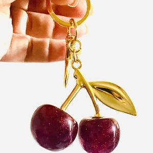 Cherry keychain, fruit key charms, cherry purse charm, fun keychains, gifts, sparkle cherry keychain, bag charms