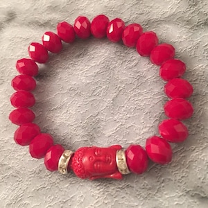 Buddha bracelet with matching red glass faceted beads and crystal rondelles, gifts for her, spiritual relic, buddha bracelet
