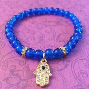 Hamsa hand bracelet, dark blue crackle glass beaded bracelet, gifts of luck, gifts for her, hamsa charm bracelet, spiritual gifts