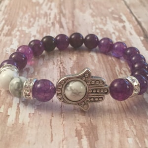 Hamsa/Evil eye with purple vein Agate stone beaded bracelet with white howlite, Hamsa  bracelet, spiritual jewelry, evil eye, Hamsa, gifts