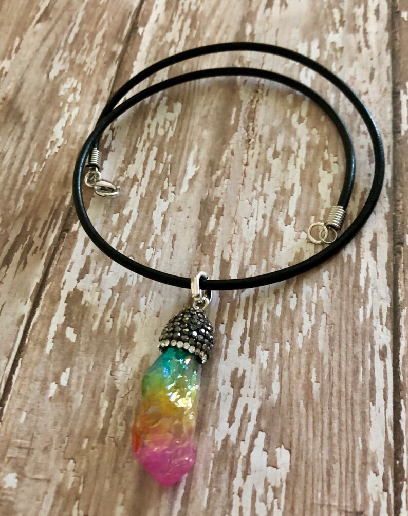 Crystal Pav\u00e9 titanium necklace gifts for her fashion jewelry iridescent titanium quartz necklace