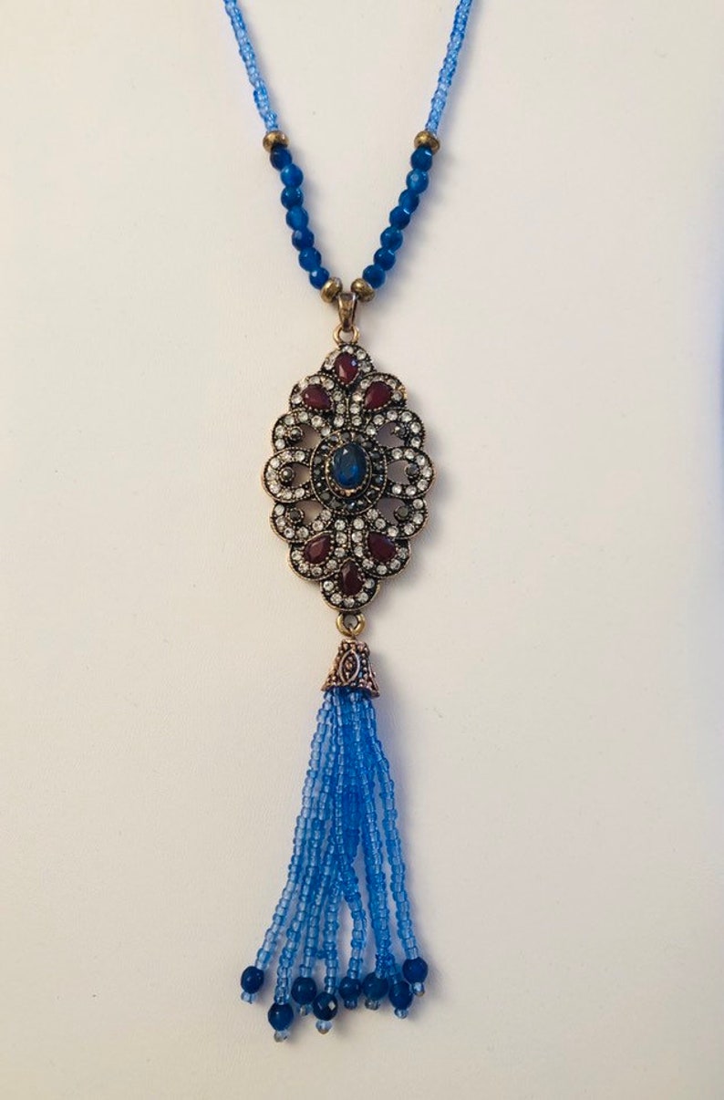 gifts for her Bohemian tassel necklace gold tone multi gem crystal necklace Long blue beaded necklace with a tassel