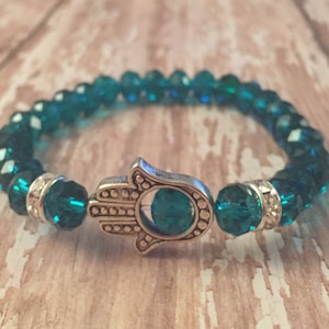 Hamsa hand with turquoise faceted glass beaded bracelet with crystal rondelles, Hamsa bracelets, gifts for her, spiritual meaning bracelets