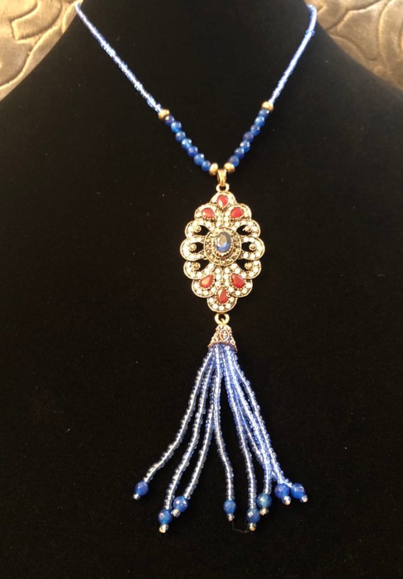 gifts for her Bohemian tassel necklace gold tone multi gem crystal necklace Long blue beaded necklace with a tassel